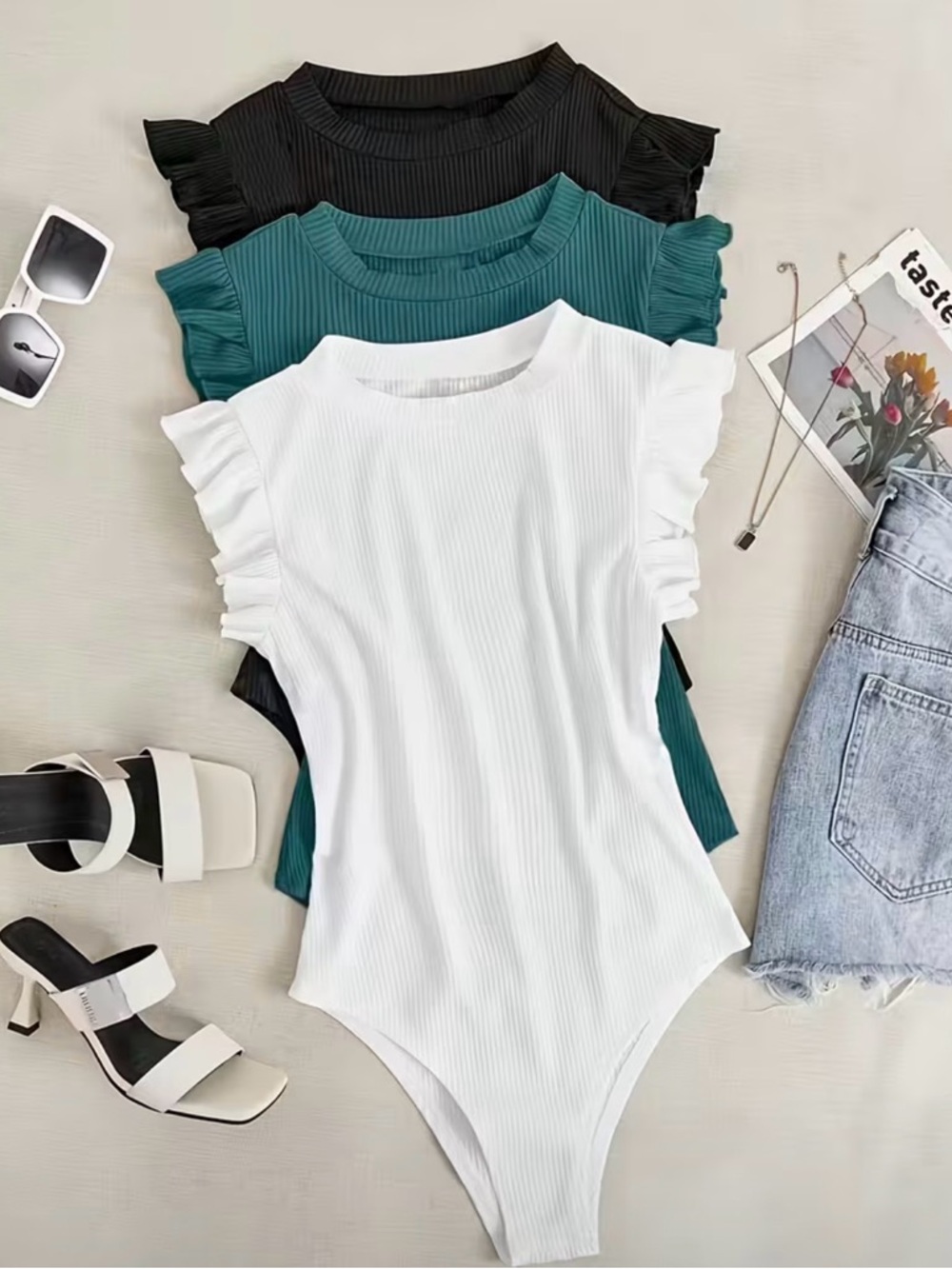 Ruffled Sleeve Ribbed Bodysuit - White, Green, Black
